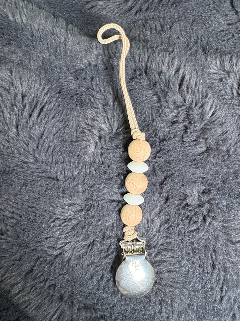 Neutral Beige and White Wooden Bead Pacifier Clip - Stylish Baby Accessory